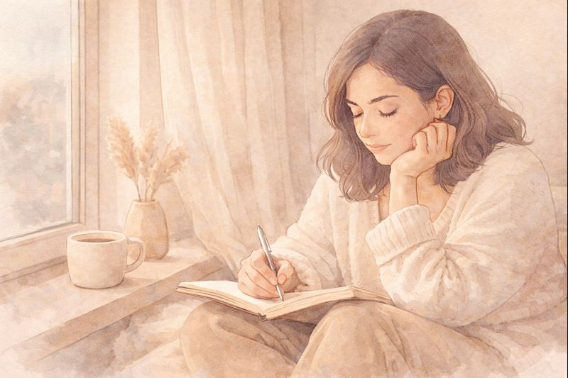 A soft watercolor illustration of a woman journaling by a window in warm natural light, creating a calm and reflective mood. The image gently represents self-reflection, emotional honesty, and learning to use affirmations with kindness.